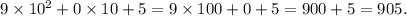 9 \times 10^{2} + 0 \times 10 + 5 = 9 \times 100 + 0 + 5 = 900 + 5 = 905.