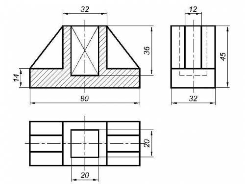 Дан чертеж, нужно начертить вид сбоку, сверху и в разрезе