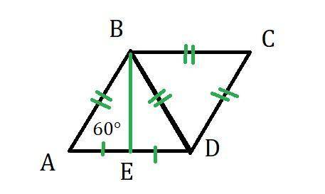 в палареграмме ABCD угол А равен 60градусов высота BE делит делит сторону AD на две равные части най