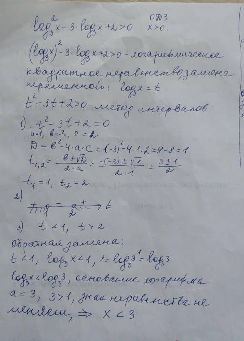 Log^2 3 (x) - 3log3 (x) + 2 >0 (Логарифм в степени 2 числа Х по основанию 3 минус 3 умноженное на