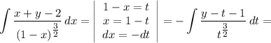 \displaystyle \int \frac{x + y - 2}{(1 - x)^{\tfrac{3}{2} }} \, dx = \left|\begin{array}{ccc}1 - x = t\\x = 1-t\\dx = -dt\end{array}\right| = -\int \frac{y - t - 1}{t^{\tfrac{3}{2} }} \, dt =