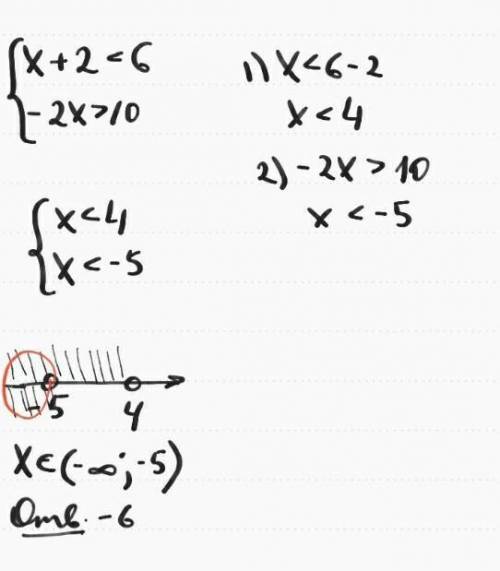 Найдите наибольшее целое решение системы неравенств {x+2<6; -2x>10