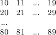 \begin{array}{cccc}10&11&...&19\\20&21&...&29\\...\\80&81&...&89\end{array}