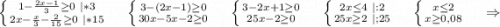 \left \{ {{1-\frac{2x-1}{3}\geq 0\ |*3 } \atop {2x-\frac{x}{3}-\frac{2}{15} \geq 0\ |*15 }} \right. \ \ \ \ \left \{ {{3-(2x-1)\geq 0} \atop {30x-5x-2\geq 0}} \right. \ \ \ \ \left \{ {{3-2x+1\geq0} \atop {25x-2\geq 0 }} \right.\ \ \ \ \left \{ {{2x\leq 4\ |:2} \atop {25x\geq 2\ |;25}} \right. \ \ \ \ \left \{ {{x\leq 2} \atop {x\geq 0,08}} \right. \ \ \ \ \Rightarrow