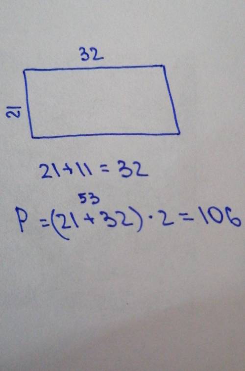 одна сторона прямоугольника равна 21 сантиметров вторая на 11 см больше вычисли периметр треугольник