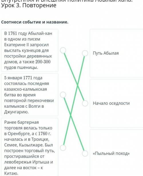 Соотнеси событие и название. в 1761 году Абылай-хан в одном из писемЕкатерине || запросил выслать ку