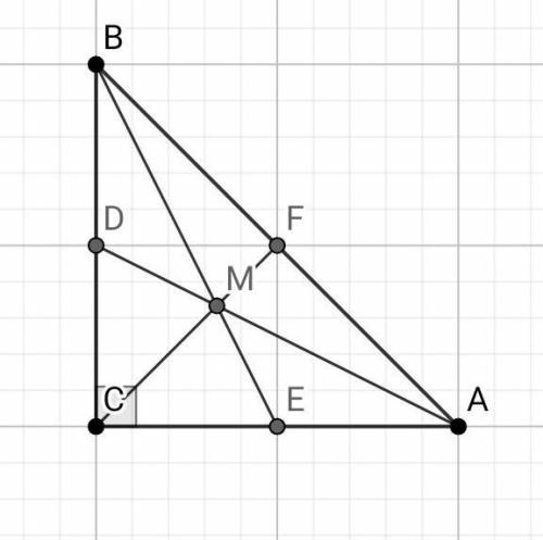 Медианы прямоугольного треугольника ABC (AB-гипотенуза) пересекаются вточке М. Найти гипотенузу АВ,е