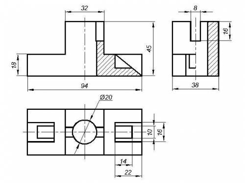 Нужно изобразить деталь в трёх видах, желательно в размерах! И выполнить разрезы