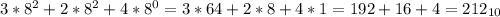 3*8^{2} +2*8^{2} +4*8^{0} = 3*64+2*8+4*1 = 192+16+4 = 212_{10}