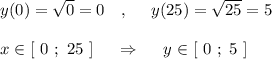 y(0)=\sqrt{0}=0\ \ \ ,\ \ \ \ y(25)=\sqrt{25}=5\\\\x\in [\ 0\ ;\ 25\ ]\ \ \ \ \Rightarrow \ \ \ \ y\in [\ 0\ ;\ 5\ ]