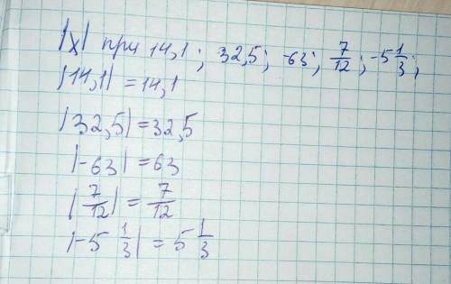 Найдите значение|x|,если x=14,1 ;32,5 ; -63; 7/12; -5 1/3;​