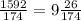 \frac{1592}{174}=9 \frac{26}{174}