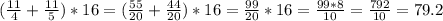 (\frac{11}{4} +\frac{11}{5})*16=(\frac{55}{20}+\frac{44}{20})*16=\frac{99}{20}*16=\frac{99*8}{10}=\frac{792}{10}=79.2