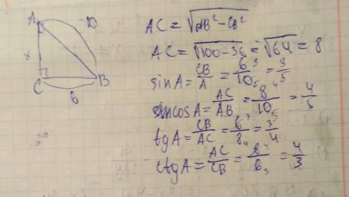 Найдите синус, косинус, тангенс и котангенс угла A треугольника ABC с прямым углом C, если BC=6см, A