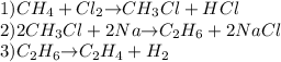 1) CH_{4} + Cl_{2}{ \to} CH_{3}Cl + HCl\\2) 2CH_{3}Cl + 2Na{ \to} C_{2}H_{6} + 2NaCl\\3) C_{2}H_{6} { \to} C_{2}H_{4} + H_{2}\\