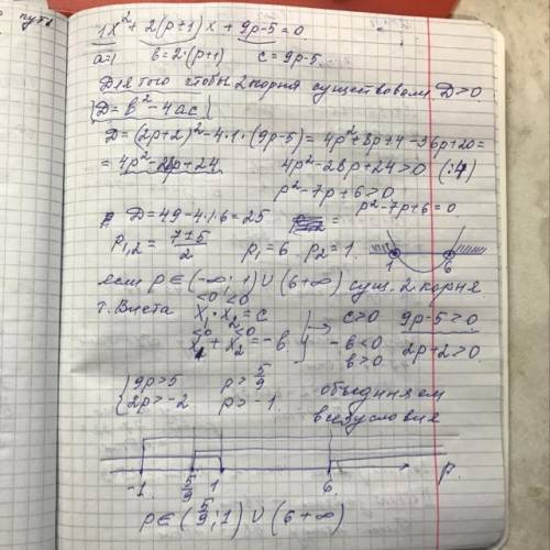 При каких значениях p оба корня квадратного уравнения x^2+2(p+1)x+9p-5=0 отрицательны​