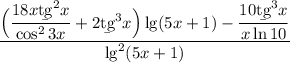 \dfrac{\Big(\dfrac{18x\b{tg}^2x}{\cos^23x}+2\b{tg}^3x\Big)\lg(5x+1)-\dfrac{10\b {tg}^3x\cdotx}{x\ln10}}{\lg^2(5x+1)}