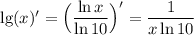 \lg(x)'=\Big(\dfrac{\ln x}{\ln 10}\Big)'=\dfrac1{x\ln10}