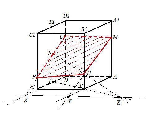 Побудувати переріз прямокутного паралелопіпеда Авсда1в1с1д1. Площиною, яка проходить через точки КМН