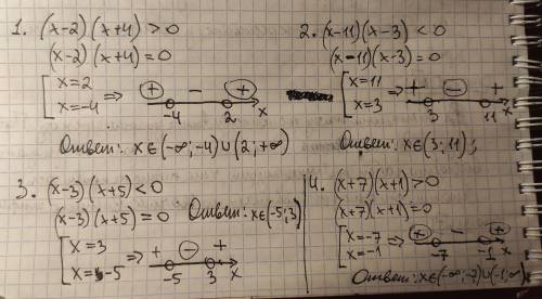 Решите неравенство: 1)(x-2)(x+4)>0; 2)(x-11)(x-3)<0; 3)x-3)(x+5)<0; 4)(x+7)(x+1)>0​