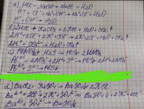 Привести уравнения реакции, написать молекулярное и ионное уравнение. а) H^- + OH^-=H2Ob) 2H^++CO3^2