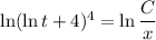 \ln(\ln t+4)^4 =\ln\dfrac{C}{x}