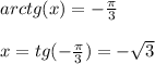 arctg(x)=-\frac{\pi}{3} \\\\x=tg(-\frac{\pi}{3} )=-\sqrt{3}