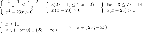 \left\{\begin{array}{l}\dfrac{2x-1}{7}\leq \dfrac{x-2}{3}\\x^2-23x0\end{array}\right\ \ \left\{\begin{array}{l}3(2x-1)\leq 7(x-2)\\x\, (x-23)0\end{array}\right\ \ \left\{\begin{array}{l}6x-3\leq 7x-14\\x(x-23)0\end{array}\right\\\\\\\left\{\begin{array}{l}x\geq 11\\x\in (-\infty ;0)\cup (23\, ;\, +\infty \, )\end{array}\right\ \ \ \Rightarrow \ \ \ x\in (\, 23\, ;+\infty \, )