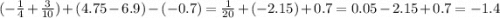 ( - \frac{1}{4} + \frac{3}{10} ) + (4.75 - 6.9) - ( -0.7) = \frac{1}{20} + ( - 2.15) + 0.7 = 0.05 - 2.15 + 0.7 = - 1.4