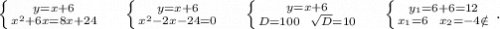 \left \{ {{y=x+6} \atop {x^2+6x=8x+24}} \right. \ \ \ \ \left \{ {{y=x+6} \atop {x^2-2x-24=0}} \right. \ \ \ \ \left \{ {{y=x+6} \atop {D=100\ \ \sqrt{D}=10 }} \right. \ \ \ \ \left \{ {{y_1=6+6=12} \atop {x_1=6\ \ x_2=-4\notin}} \right. .