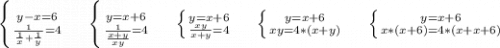 \left \{ {{y-x=6} \atop {\frac{1}{\frac{1}{x}+\frac{1}{y} }=4 }} \right. \ \ \ \ \left \{ {{y=x+6} \atop {\frac{1}{\frac{x+y}{xy} } =4}} \right.\ \ \ \ \left \{ {{y=x+6} \atop {\frac{xy}{x+y} =4}} \right.\ \ \ \ \left \{ {{y=x+6} \atop {xy=4*(x+y)}} \right.\ \ \ \ \left \{ {{y=x+6} \atop {x*(x+6)=4*(x+x+6)}} \right. \\