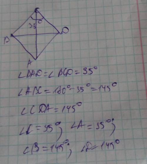 Дано: ABCD- ромб кут BCD дорівнює 35°. Знайдіть кути ромба.​
