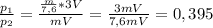 \frac{p_{1} }{p_{2} } = \frac{\frac{m}{7,6}*3V }{mV} =\frac{3mV}{7,6mV} =0,395