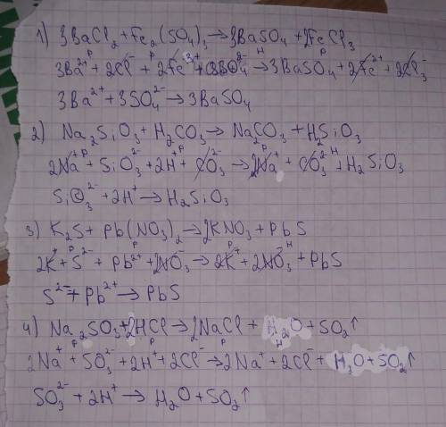 Написати рівняння в молекулярній та йонних формах:1. BaCl2+Fe2(SO4)32. Na2SiO3+H2CO33. K2S+Pb(NO3)24