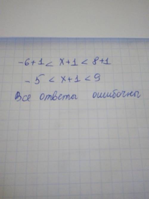 Відомо, що – 6 < х < 8. Яке з тверджень є правильним? А) – 4 < х+1< 4; Б) – 3 < х+1