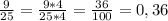 \frac{9}{25}= \frac{9*4}{25*4}= \frac{36}{100} =0,36