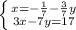 \left \{x=-\frac{1}{7}-\frac{3}{7}y } \atop {3x-7y=17}} \right.