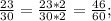 \frac{23}{30}=\frac{23*2}{30*2}=\frac{46}{60};