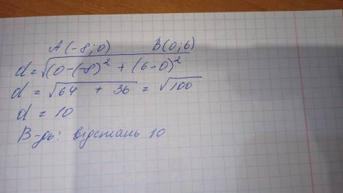 Яка відстань між точками A(-8;0) і B(0;6)​