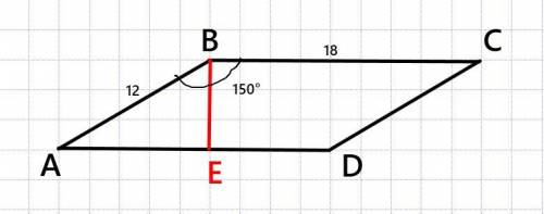 Стороны параллелограмма равна 12см и 18 см а угол между этими сторонами равен 150.чему равна площадь
