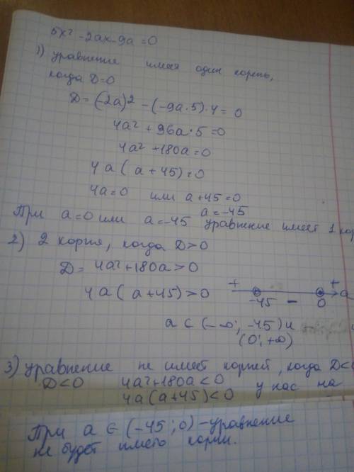 5x²-2ax-9a=0 как найти корня, и по каким решениям уравнения не имеет корня??