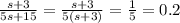 \frac{s + 3}{5s + 15} = \frac{s + 3}{5(s + 3)} = \frac{1}{5} = 0.2