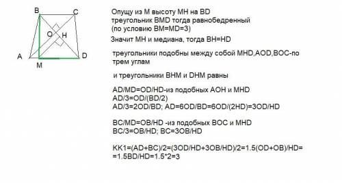 У трапеції АВСD діагоналі перпендикулярні. На більшій основні АD позначено точку М так, що ВМ=MD=3см