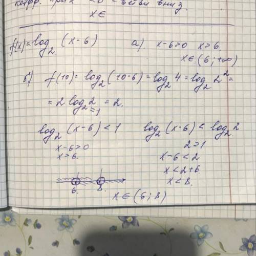 F(x)=log2(x-6) а) Найдите область определения функции. б) Рассчитать f(10). c) Определите уравнения