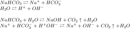 NaHCO_3 \rightleftarrows Na^+ + HCO_3^-\\H_2O \rightleftarrows H^+ + OH^-\\\\NaHCO_3 + H_2O \rightleftarrows NaOH + CO_2\uparrow + H_2O\\Na^+ + HCO_3^- + H^+OH^- \rightleftarrows Na^+ + OH^- + CO_2\uparrow + H_2O