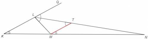 В треугольнике KLM стороны относятся как KL: LM:KM = 12: 8: 16. Биссектриса внешнего угла L пересека