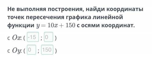 Не выполняя построения, найди координаты точек пересечения графика линейной функции y = 10x + 150 с