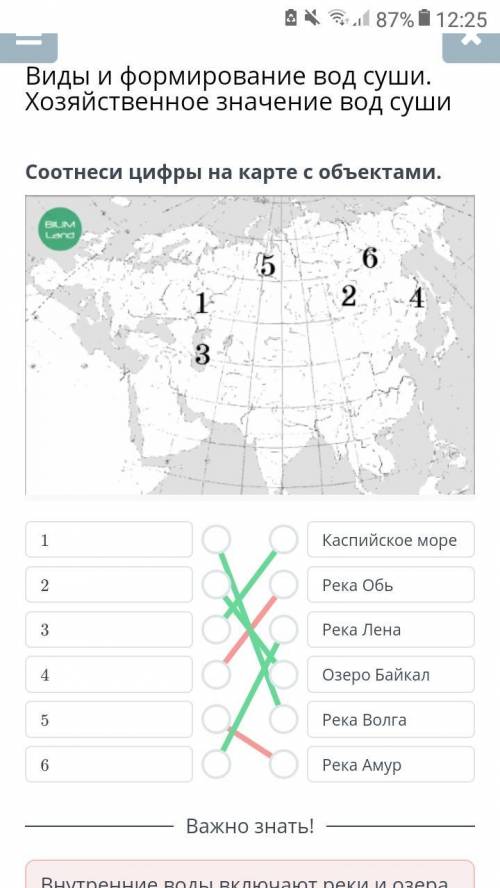 Виды и формирование вод суши. Хозяйственное значение вод суши Соотнеси цифры на карте с объектами.​