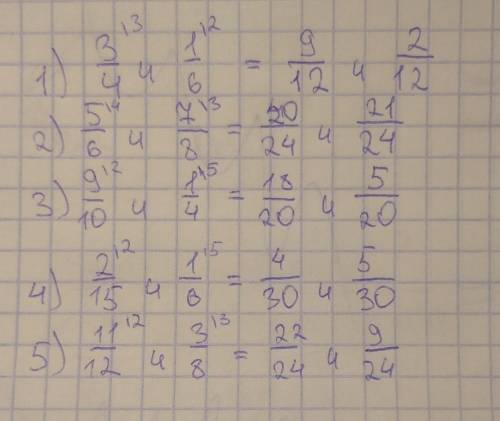 Приведите к наименьшему общему знаменателю обыкновенные дроби. 1)3/4 и 1/6 2)5/6 и 7/83)9/10 и 1/44)