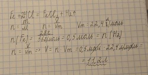 28 г железа растворили в избытке соляной кислоты. Какой объем газа выделился в ходе реакции ? в отве